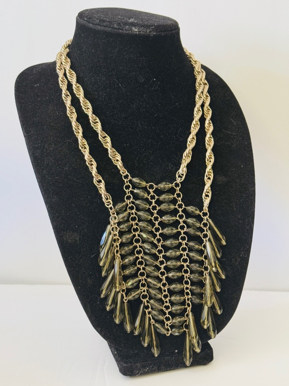 Talbots Green Faceted Bead Chunky Statement Necklace 28"-30” Long Silver Tone
